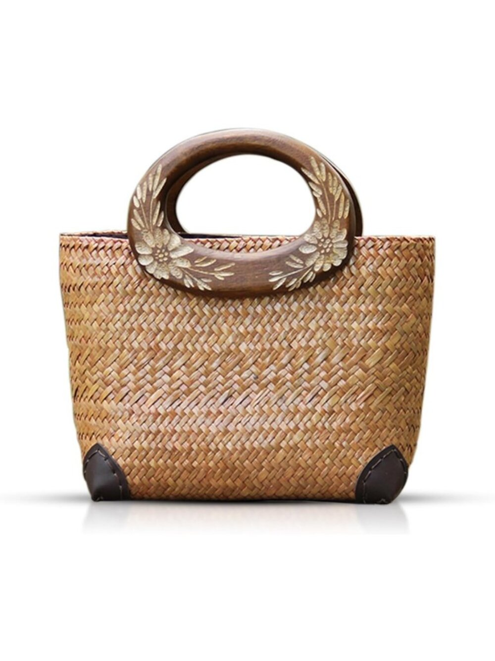 Handmade Rattan Beach Tote Bag with Floral Design, Boho Woven Summer Handbag